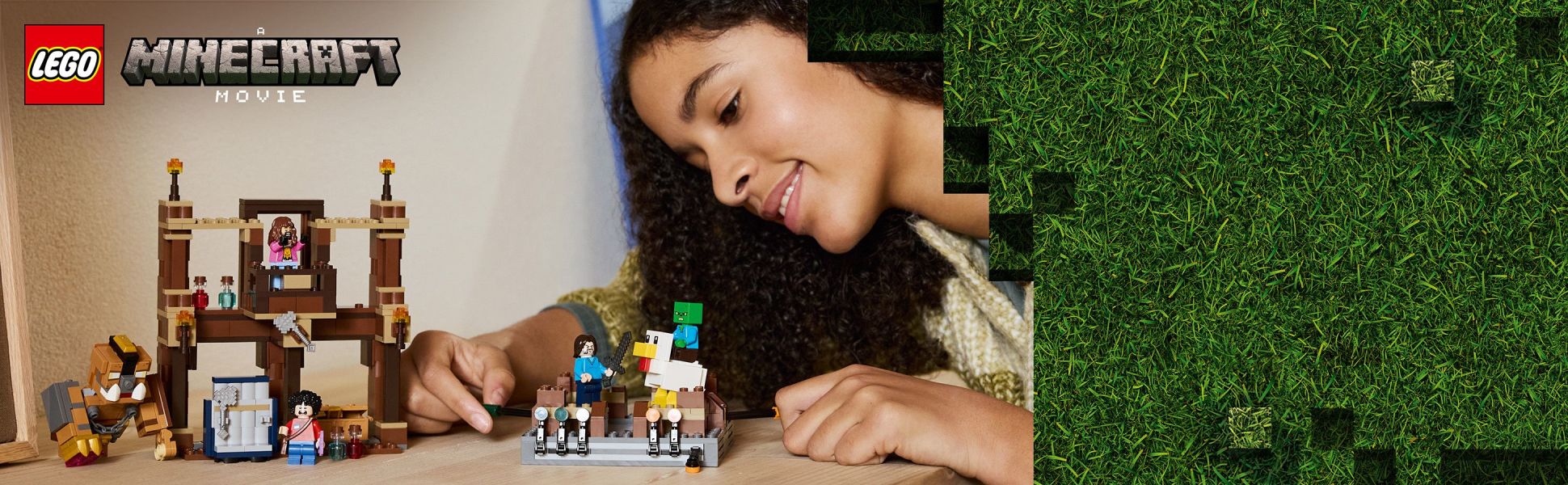 This collectible A Minecraft Movie gift features Steve, Garrett, Henry and a chicken jockey battling it out at the mansion.
