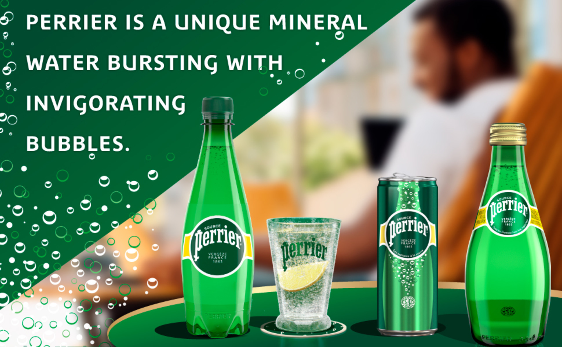 Perrier sparkling mineral water is bursting with invigorating bubbles