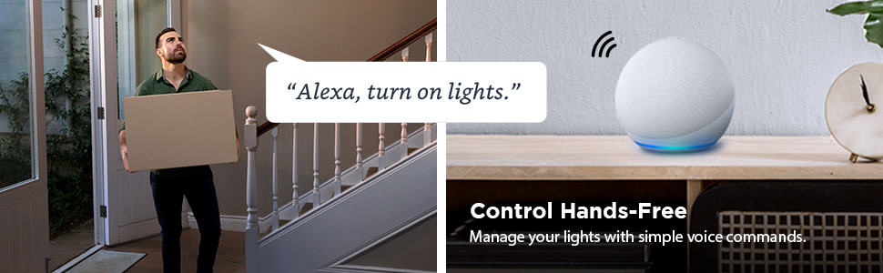 Works with Amazon Alexa and Works with Hey Google for voice control.