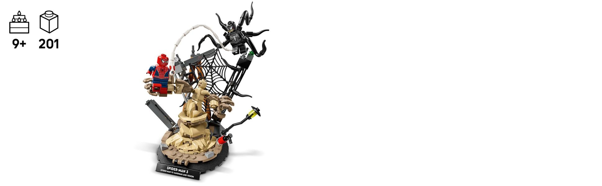 Display-worthy features include Spider-Man’s web rope, Sandman rising from the rubble and Venom’s 4 movable tentacles.