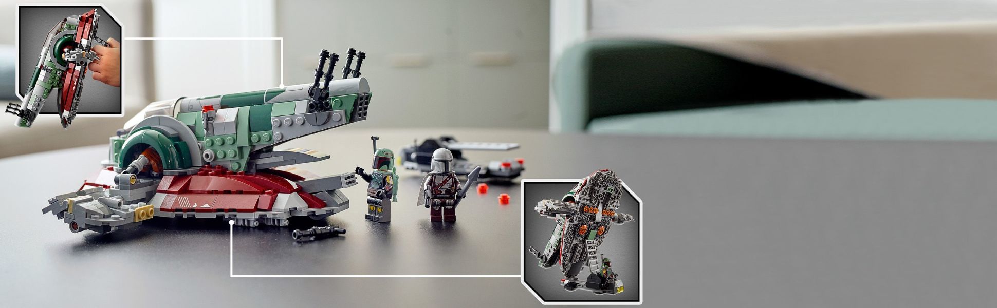 The set includes a transporter vehicle to move the starship and to use as a stand to display it in a vertical flying position.