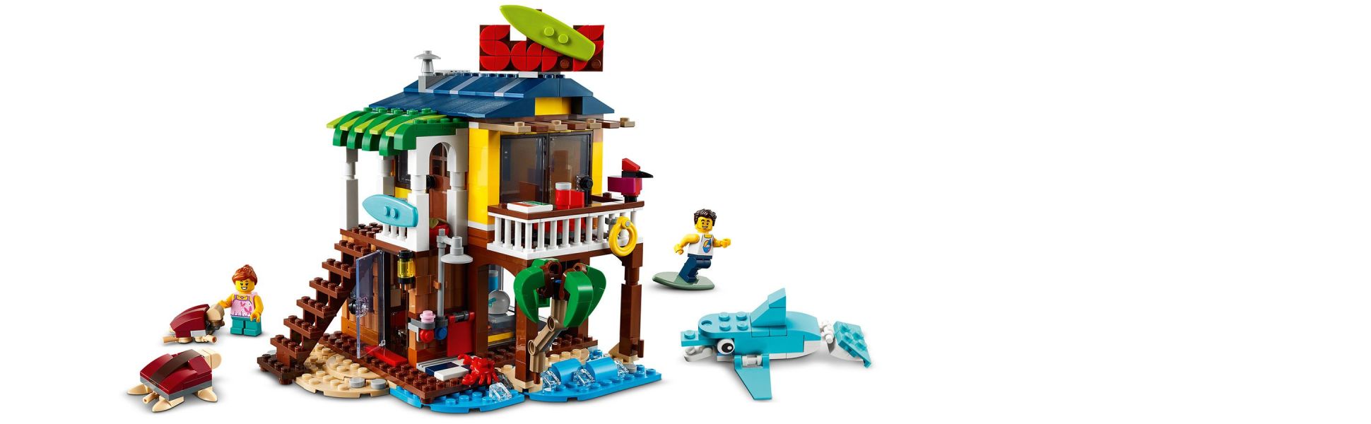 Action-packed playset with 3 building options for kids to create stories at a surf beach house, lighthouse or pool house.