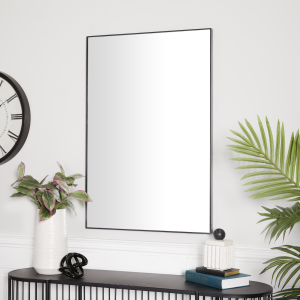 This reflective and black rectangular wall mirror is made of solid wooden frame and glass materials