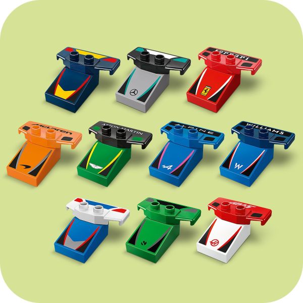 With colored bricks to represent each of the 10 F1 teams.