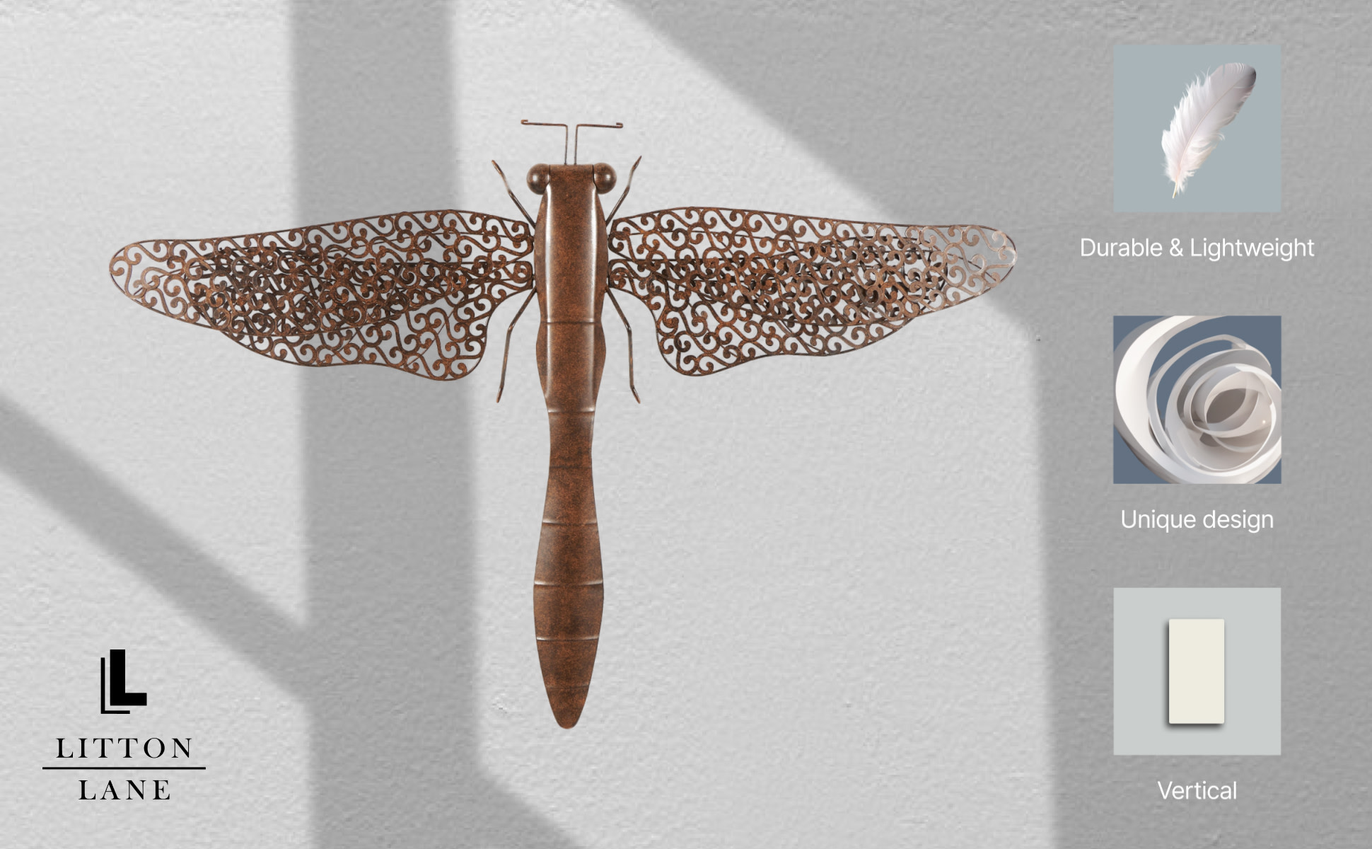 Rustic Metal Dragon Fly with Filligree Scroll deals Wing Pattern with Brown Textured