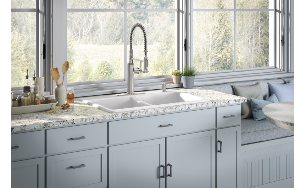 KOHLER Brookfield Drop-In Cast Iron 33 in. Double Bowl Kitchen Sink with Simplice Semi Pro Faucet in Polished Chrome
