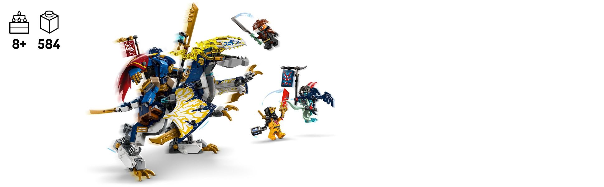Kids can play with the mech and the first-ever NINJAGO robot dragon before combining them to create Rogue’s Mech Dragon Rider.