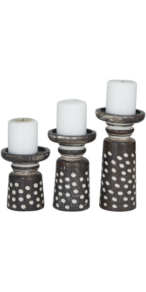 DecMode 3 Candle Black Mango Wood Turned Style Pillar Candle