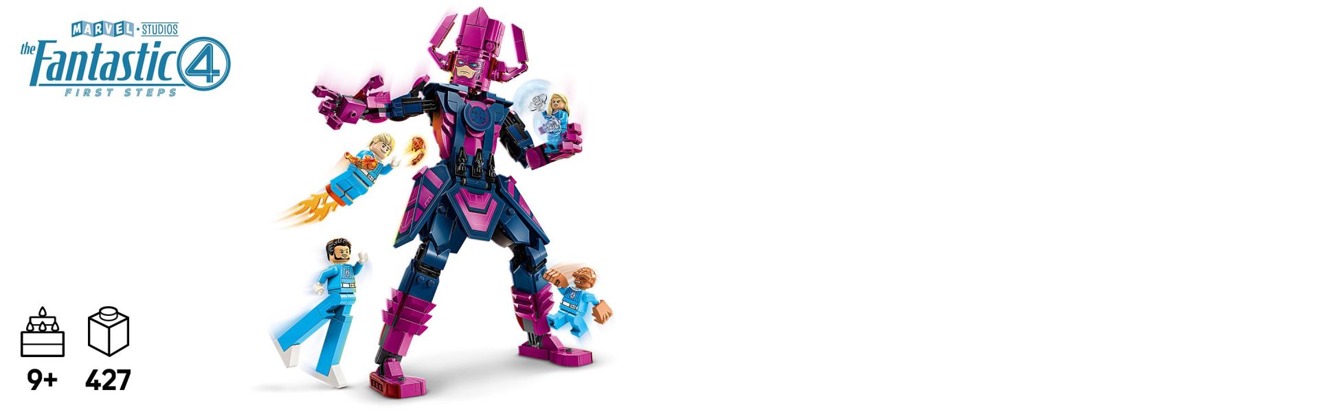 The posable Galactus construction figure inspires endless dynamic action as kids role-play battles with the Fantastic Four.