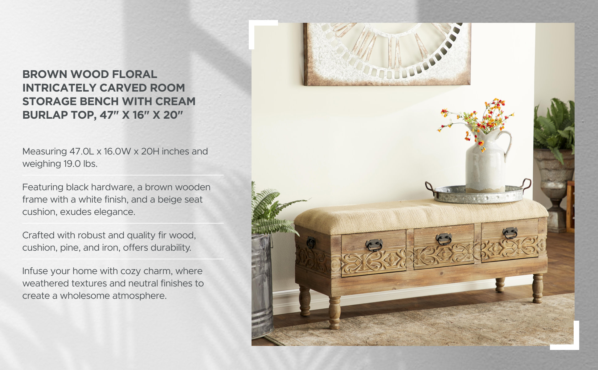 Litton Lane Brown Intricately Carved Floral Storage Bench with