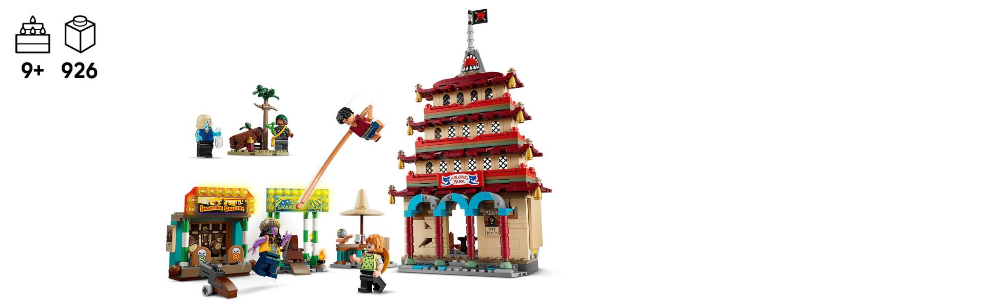 Kids can explode the pagoda, enjoy target practice at the shooting gallery and put the villain inside the shark attack building.