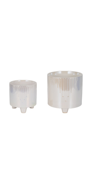 S/2 6/8" Iridescent Line Footed Planters, Ivory