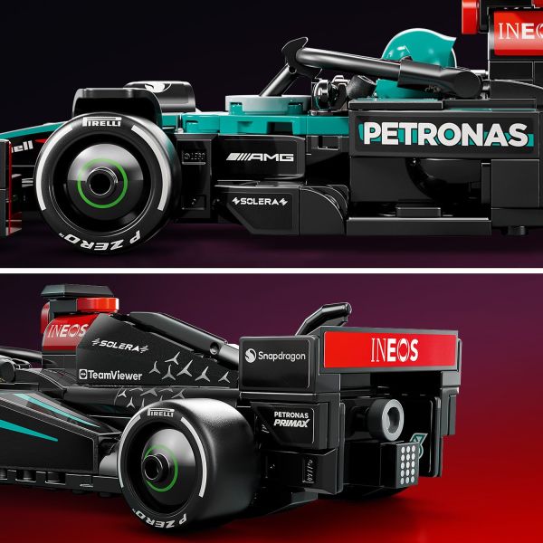 Race car includes team-sponsor logos and a rear wing.
