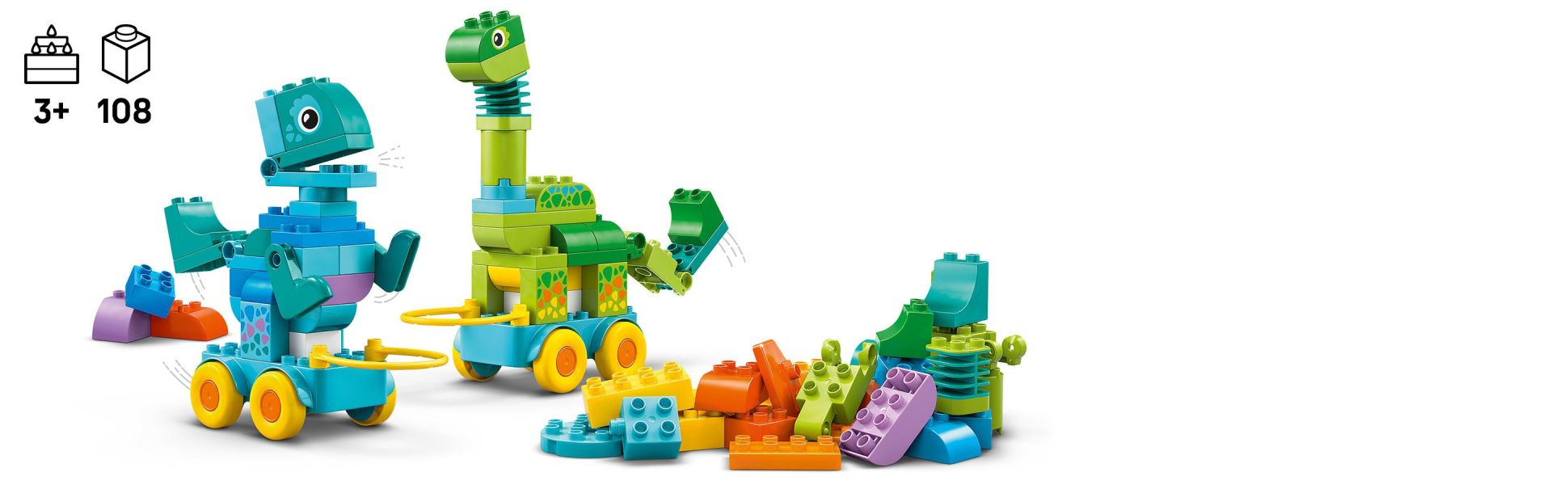 Toddlers sharpen their logical thinking and fine motor skills as they build 3 pairs of different dinosaur toys.