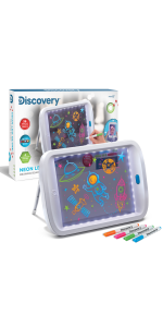 Discovery Neon Glow Drawing Easel [2023  Exclusive] 6 Color Markers &  3 Tracing Stencils, Built-in Kickstand/Wall Mount, 5 Light Modes, Easy