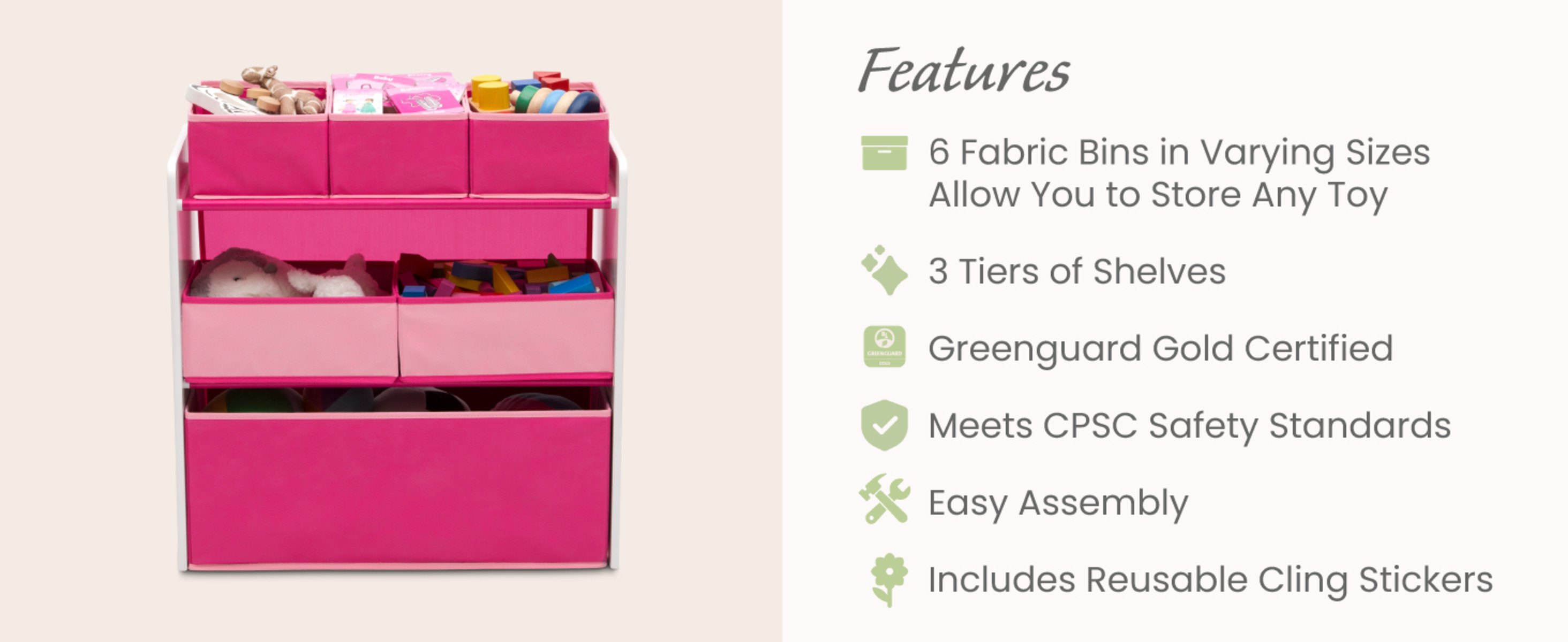 Delta Children 6 Bin Design and Store Toy Organizer, White/Pink