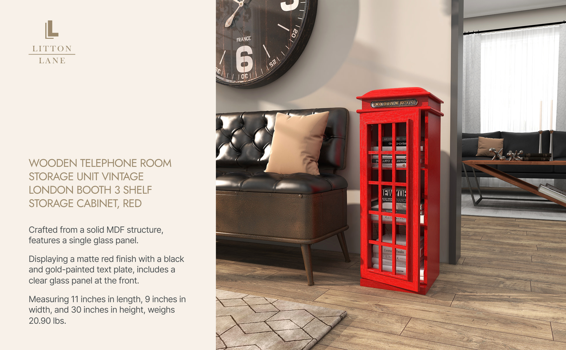 LOMDON TELEPHONE BOOTH ミニラック　一枚扉　 Litton Lane 2 Shelf Wood Stationary Red London Telephone Booth