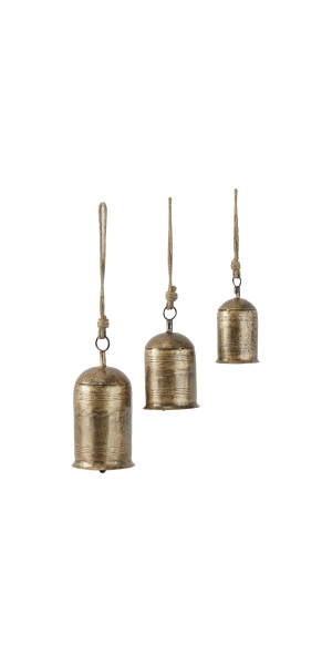 Decmode Tibetan Inspired Black Metal Cylindrical Decorative Cow Bells with Jute Hanging Rope, 3 Count, Size: Medium