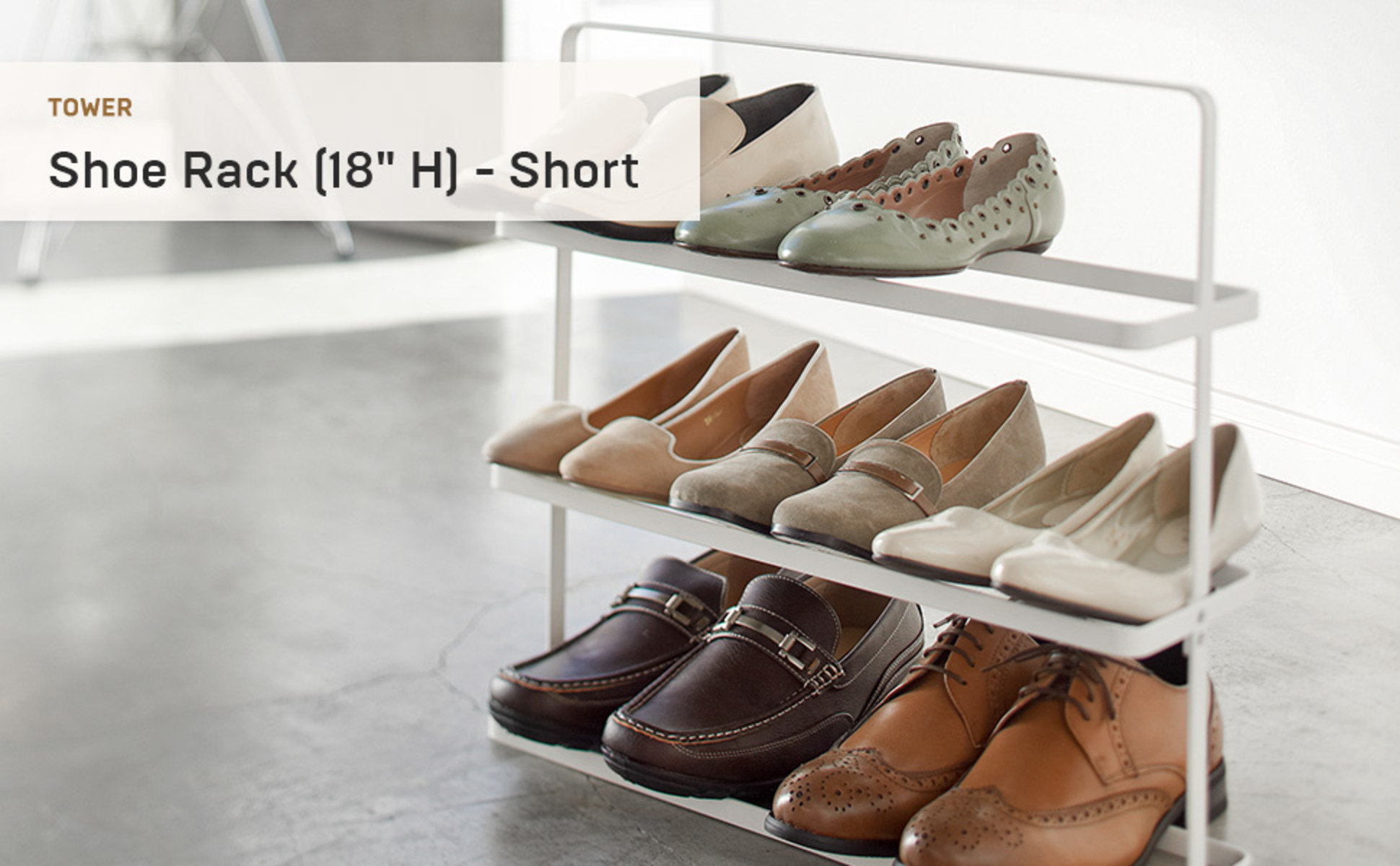 Yamazaki Home Metal Shoe Rack - White, Steel, Short, Holds 6-9