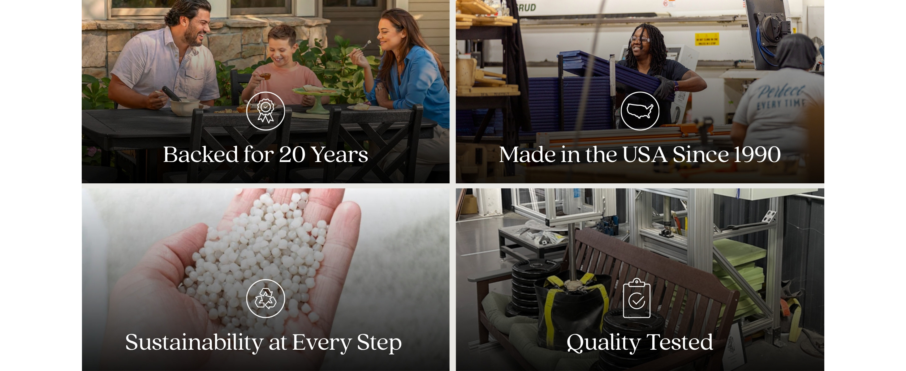 backed for 20 years made in the usa since 1990 sustainability at every step quality tested