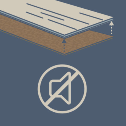 An illustration of a floor plank showing the cork pad underneath and a crossed-out volume symbol