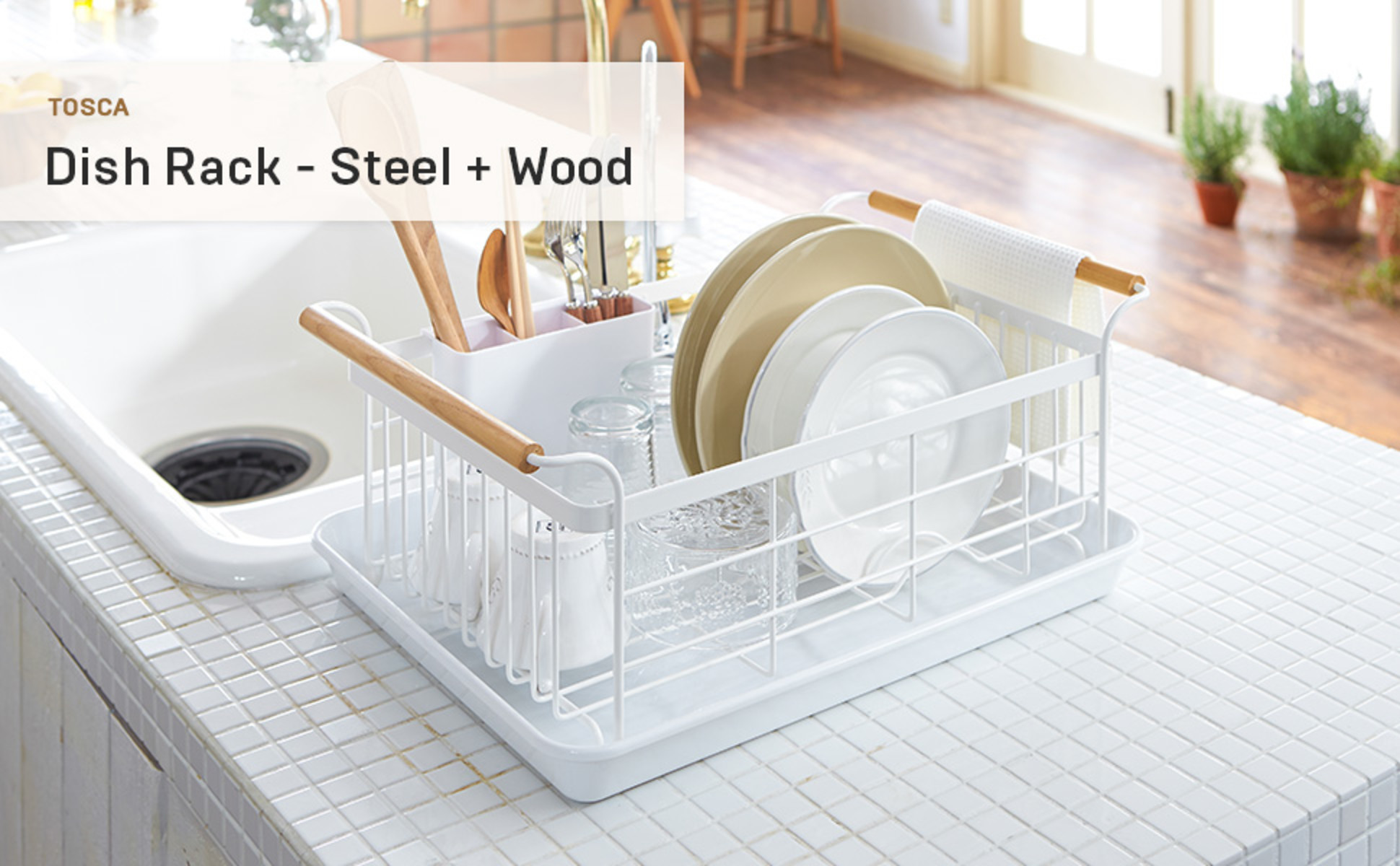 Yamazaki Home Dish Rack With Drain Spout, Steel Rack with Plastic
