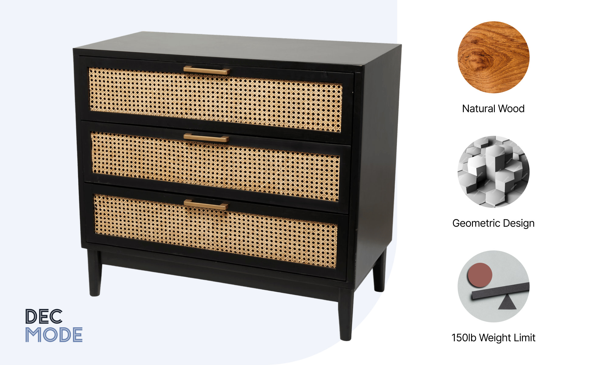 Free Shipping! DecMode 36x32 Black Wood 3 Drawer Cabinet with Cane