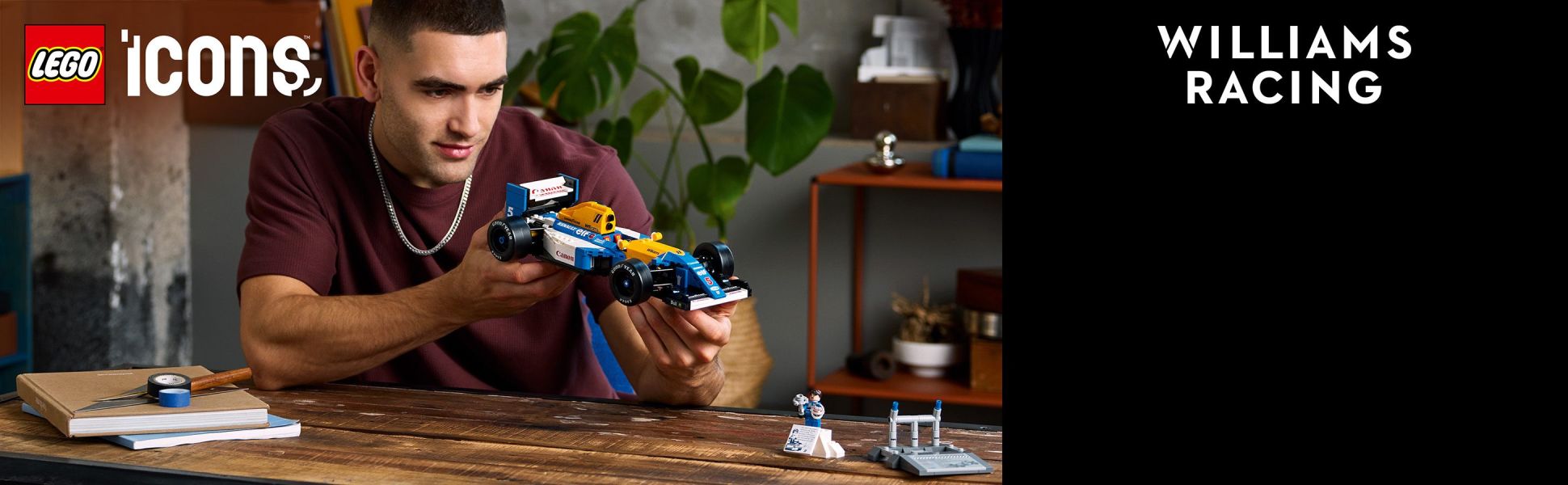 Hail the history of F1 with the LEGO Icons Williams Racing FW14B & Nigel Mansell home and office desk decor building kit.