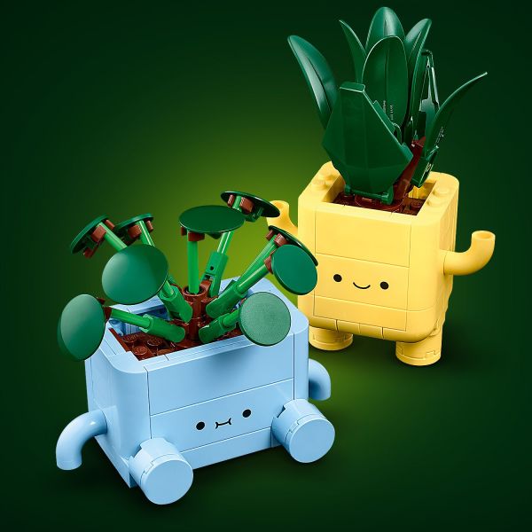 The plant pots are adorned with smiling faces.