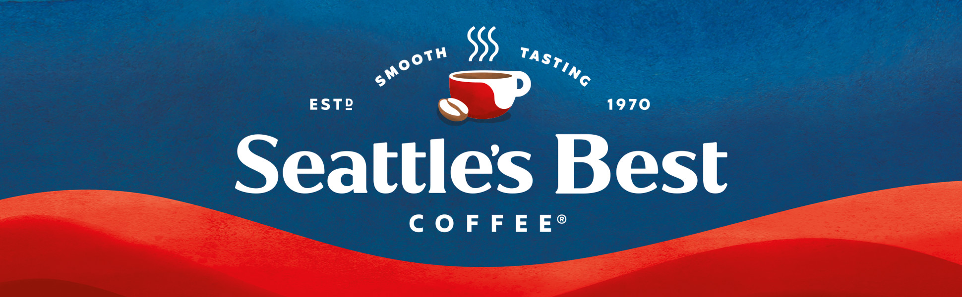 Blue background above a curvy red banner. Seattle's Best Coffee. Smooth tasting. Established 1970.
