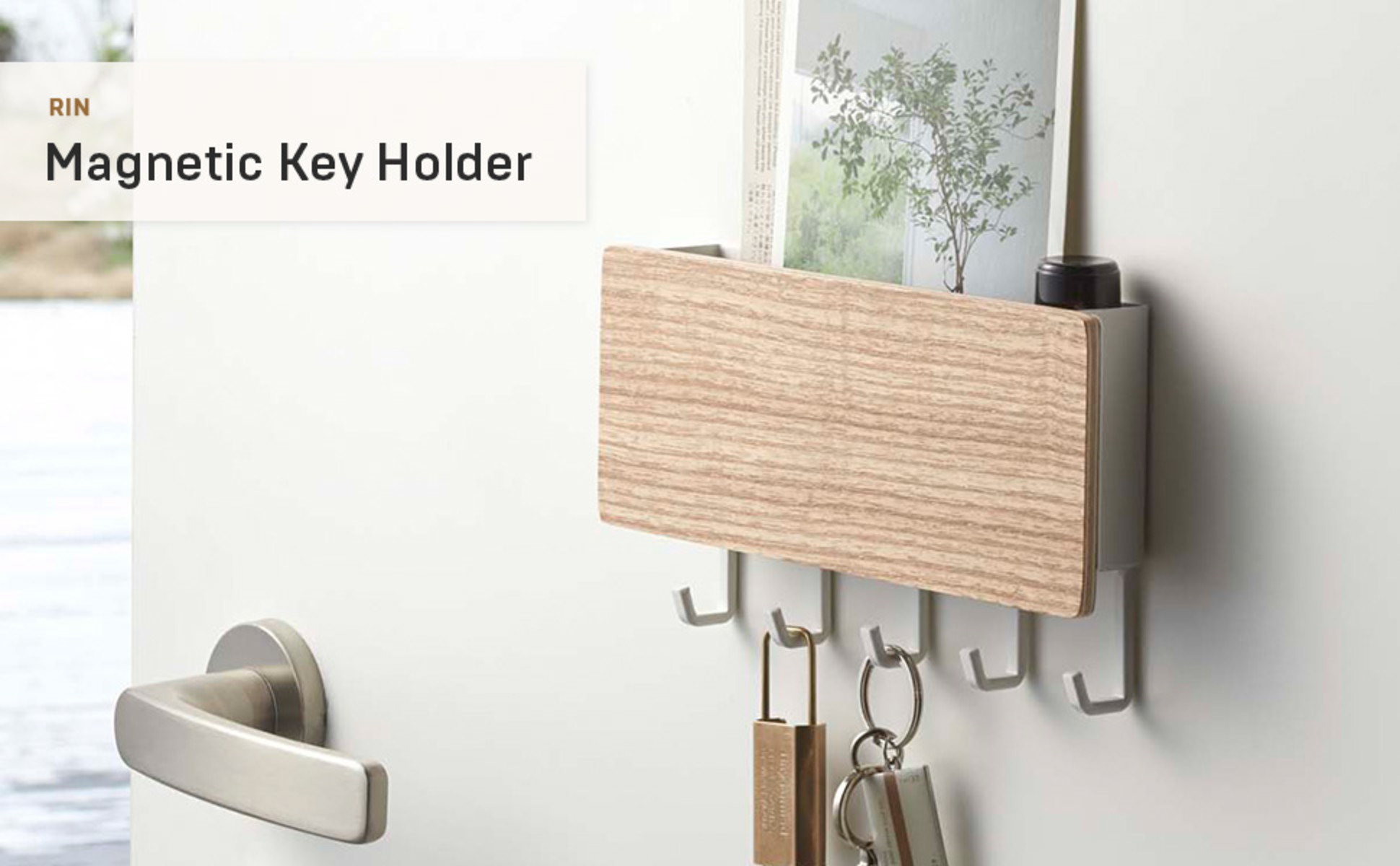 Yamazaki Home Magnetic Key Rack, Ash, Steel + Wood, Supports 2