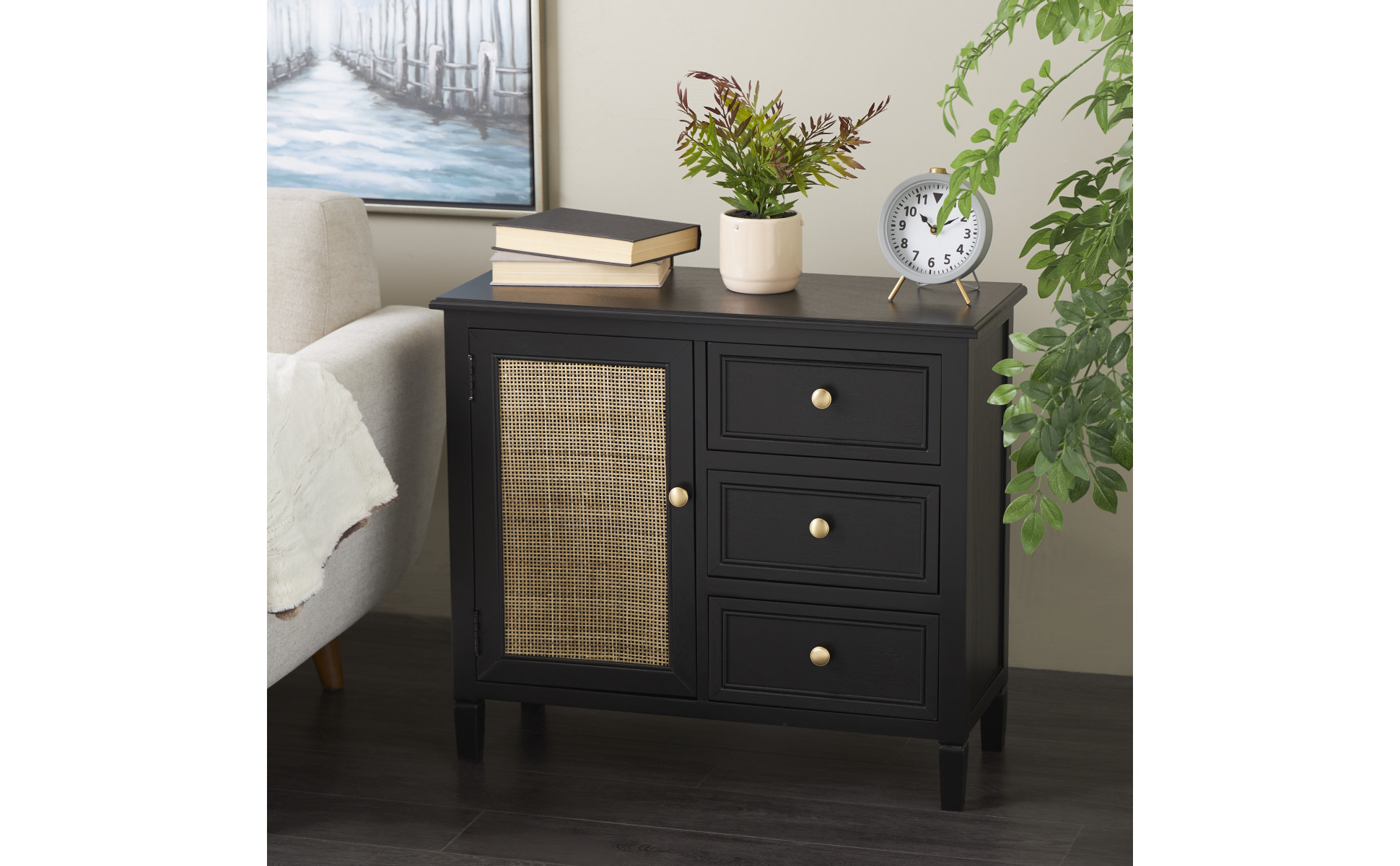Litton Lane Black Wood 26 in. 3 Drawers and 1 Door Cabinet with