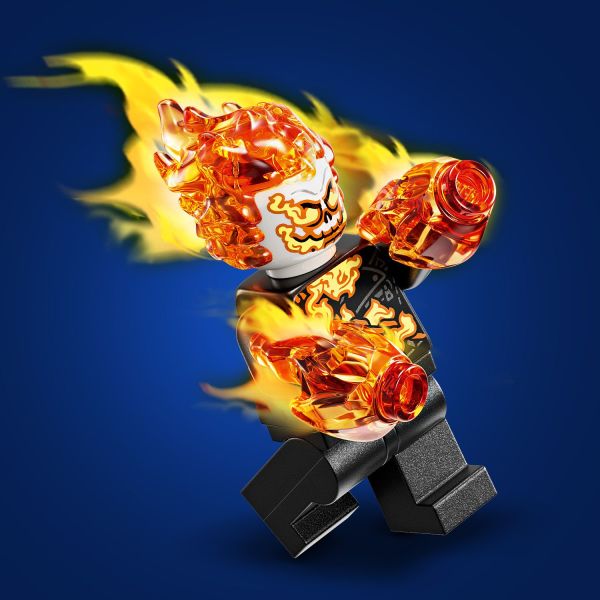 Flames stream from the fiery skeleton’s hands and head.