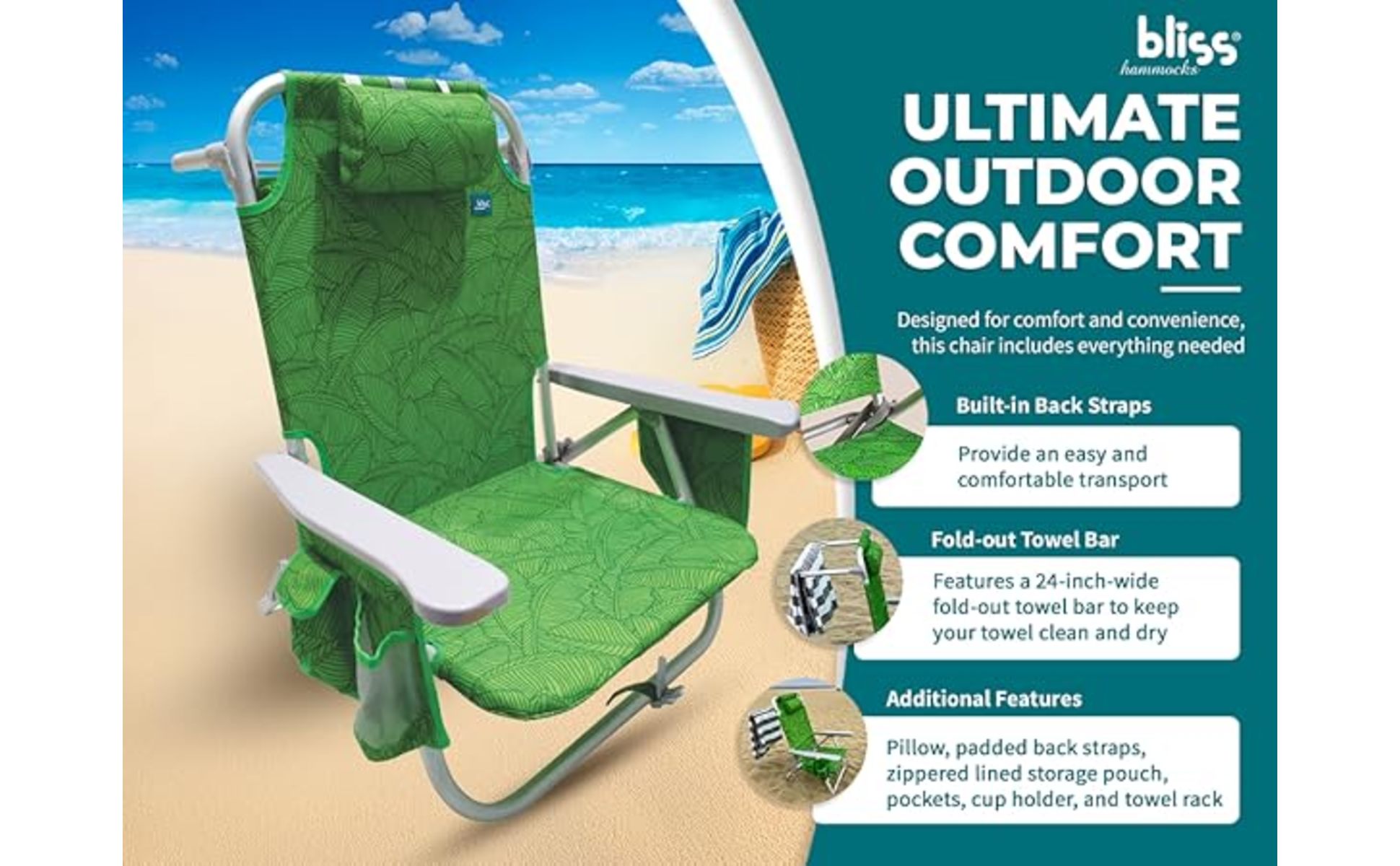 Bliss Hammocks Aluminum Beach Chair with Detachable Cooler Bag, 5
