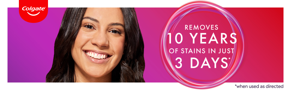 Woman smiling next to claim that says "Removes 10 years of stains in 3 days when used as directed"