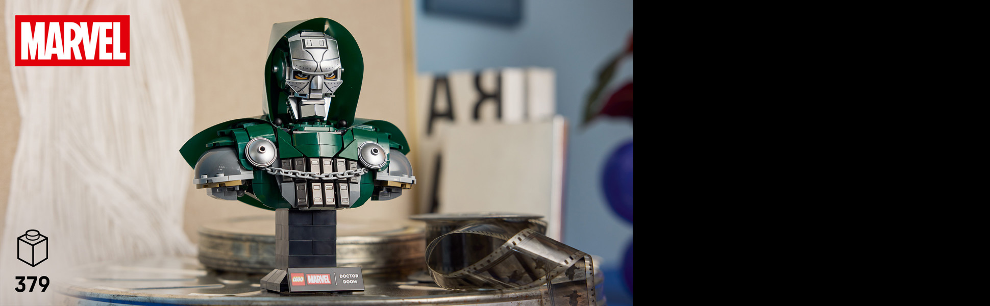 Drum-lacquered silver elements and a foil cape in a sleek, sculptured display Capture Doctor Doom’s menacing, metallic expression.