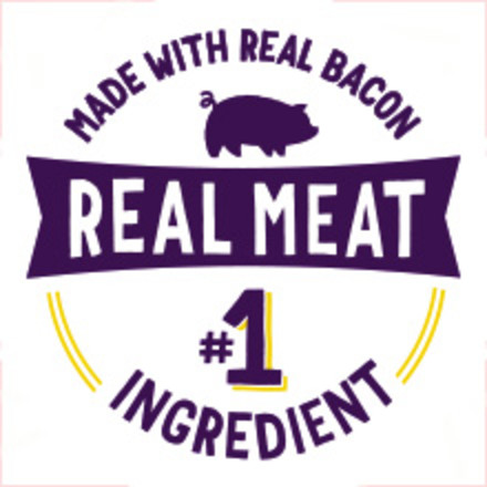 A purple pig icon along with the text “Made with real bacon real meat #1 ingredient”