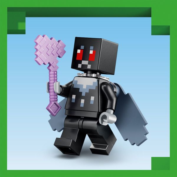 The hero wears elytra wings and holds an enchanted axe.