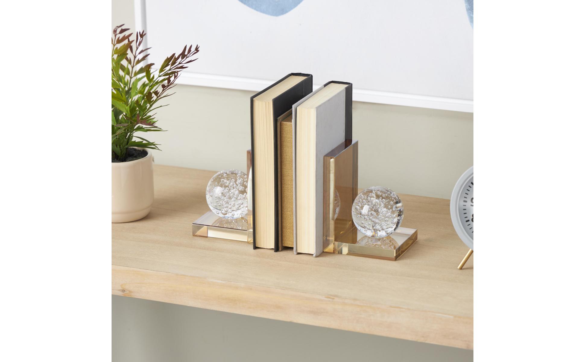 Litton Lane Gold Glass Geometric Bookends with Clear Orbs