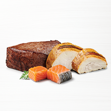 Real beef, chicken and salmon protein