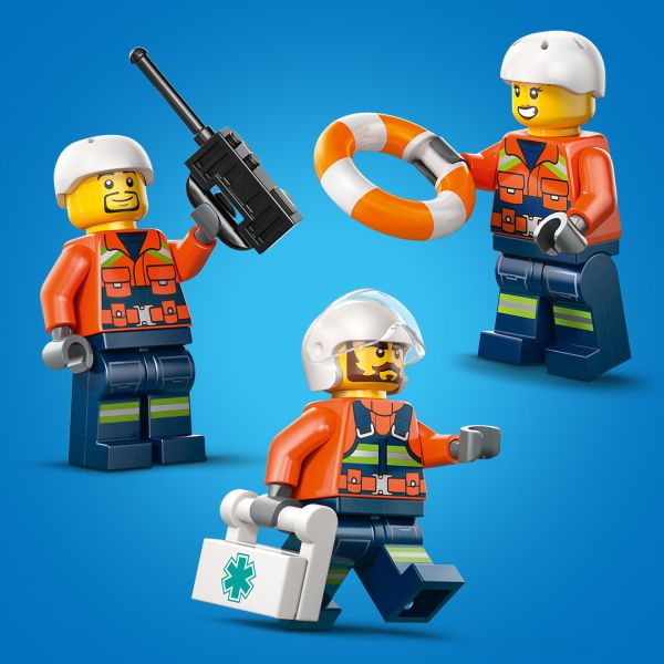Medic kit, binoculars, walkie-talkie and a life preserver.