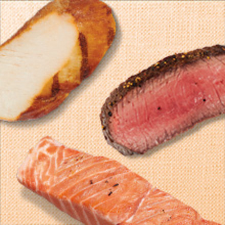 Plain background with cooked beef, cooked chicken, and salmon on it