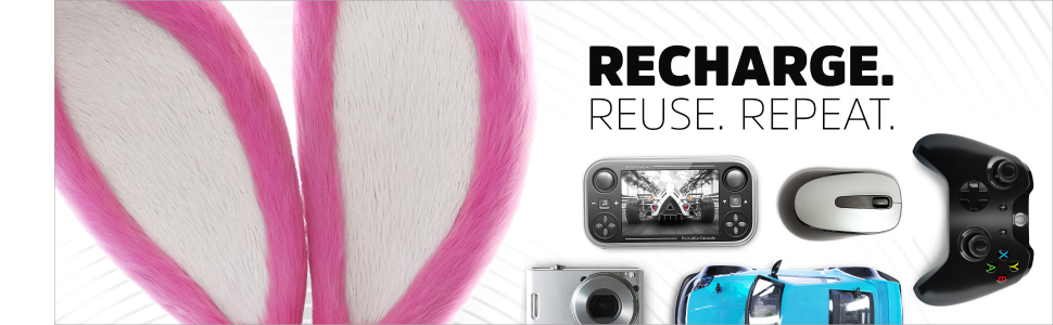 Image shows a handheld game, a digital camera, toy car, flashlight, a computer mouse, and a gaming controller. Recharge, reuse, repeat.