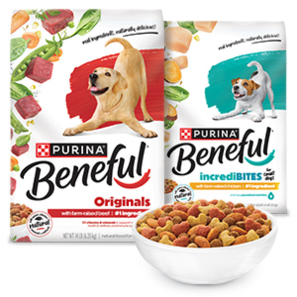 Beneful Originals Beef and Beneful incrediBITES Chicken packaging next to a bowl of kibble.
