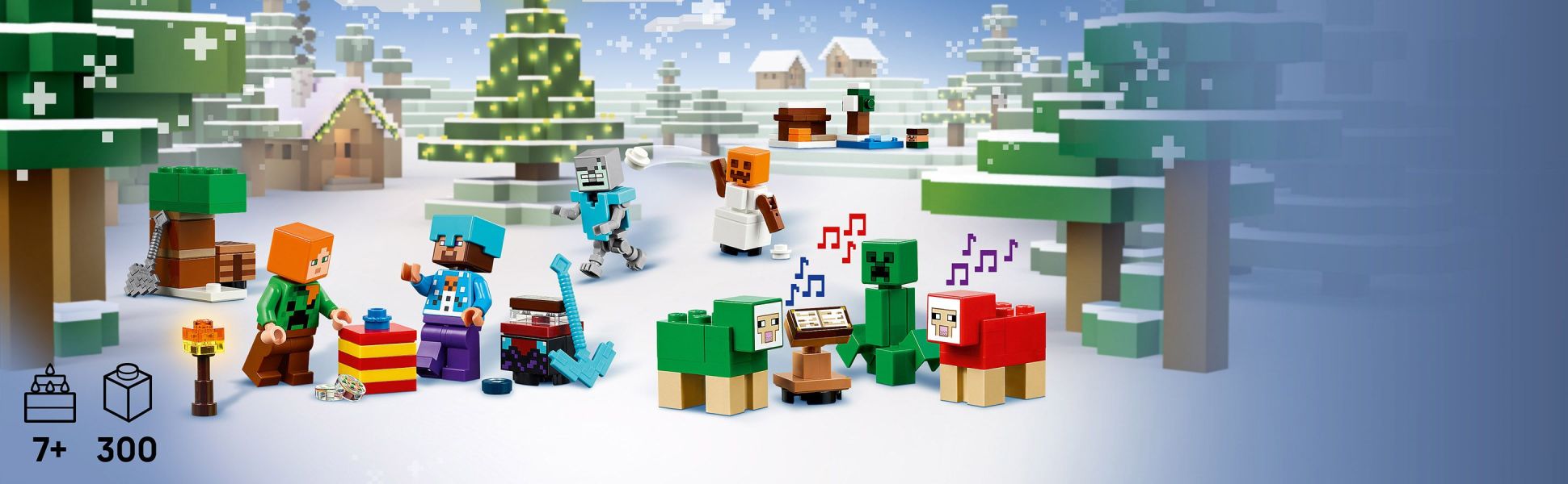 Kids can combine the toys to create a Minecraft winter village set and enjoy hands-on Minecraft adventures of their own.