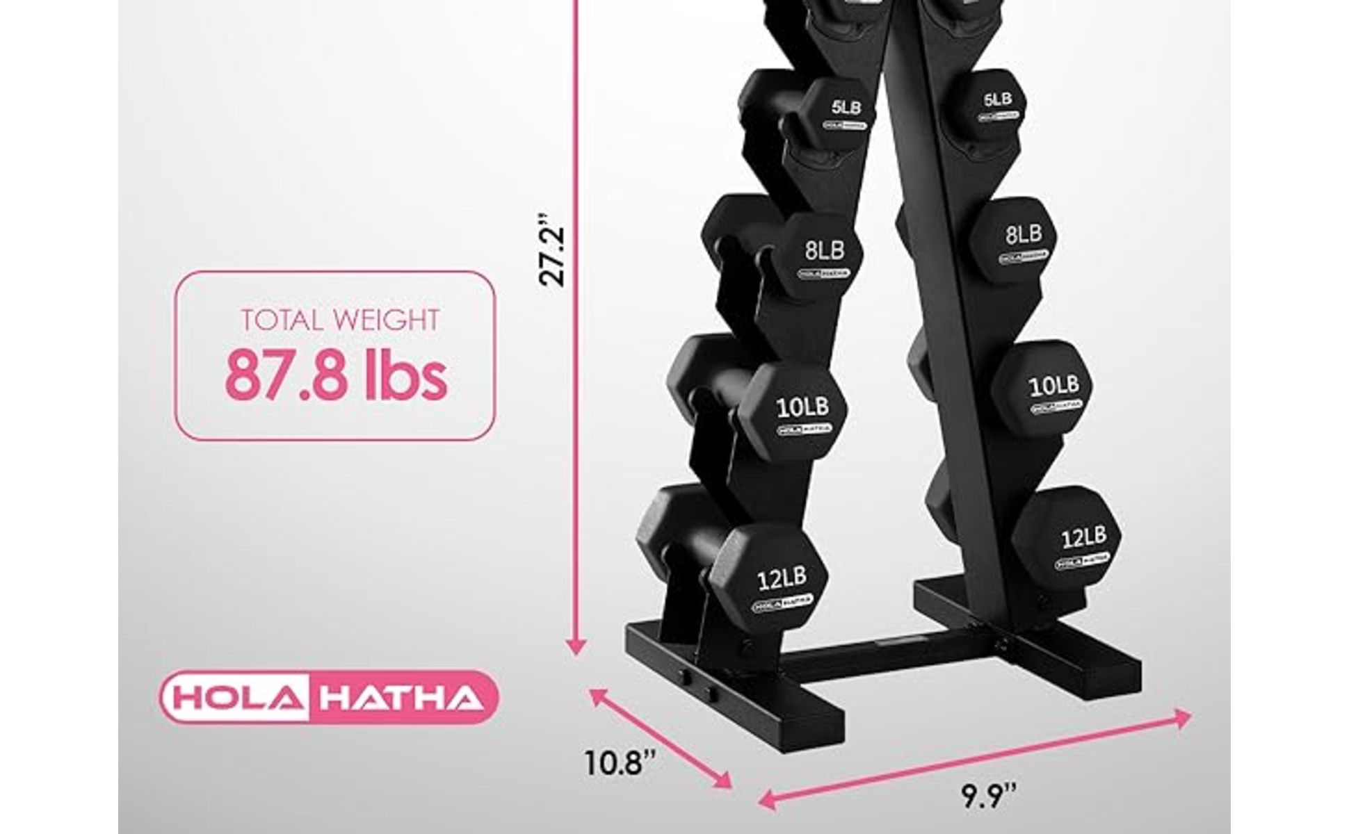 HolaHatha Hexagonal Dumbbell Set With Rack – 5, 8, & 10 Lbs – Black Iron For Home Gym