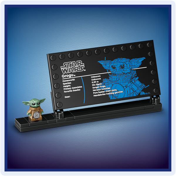 Display with the info plaque and standard-size Grogu LEGO figure.