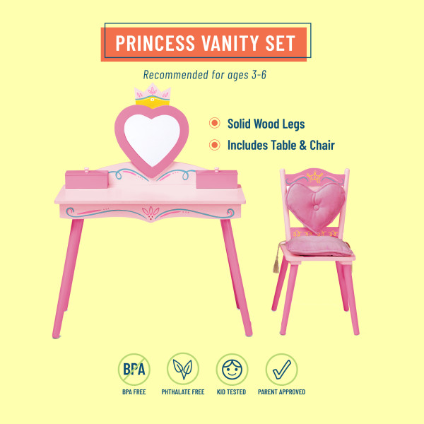 Wildkin Kids Princess Wooden Vanity Table and Chair Set for Girls Pink