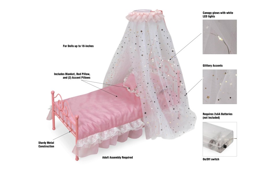 Badger Basket Kids Toy Starlights Metal Doll Bed with Canopy