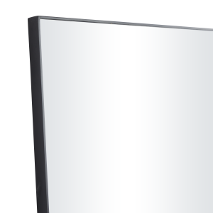 This contemporary rectangular wall mirror is furnished with a black wooden frame and a reflective clear glass